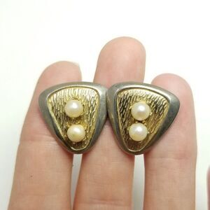 Vintage Retro Triangle Shape Clip On Earrings, Faux Pearl Midcentury Style 60s